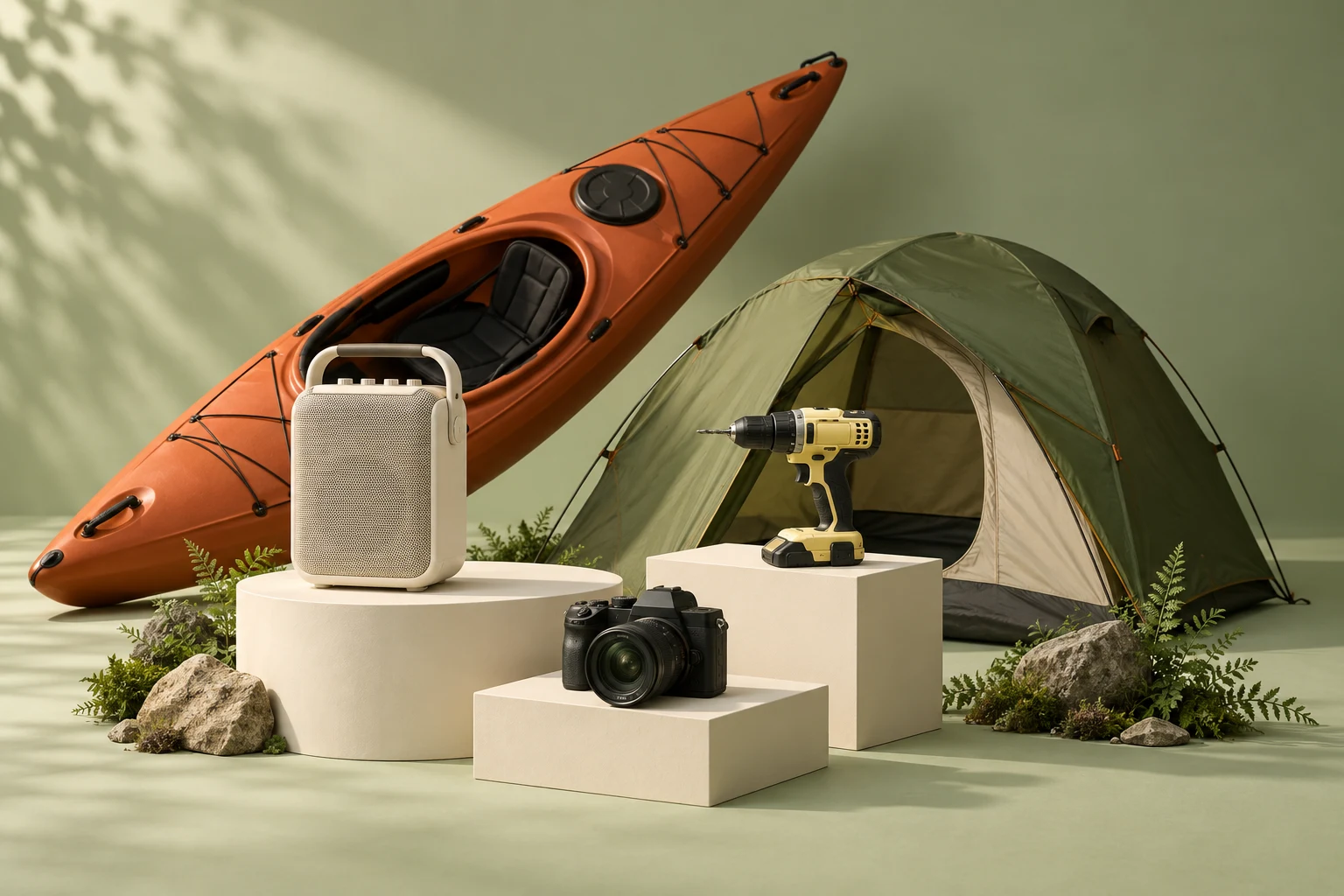 A kayak, camping tent, speaker, drill, and camera arranged in a sunlit studio